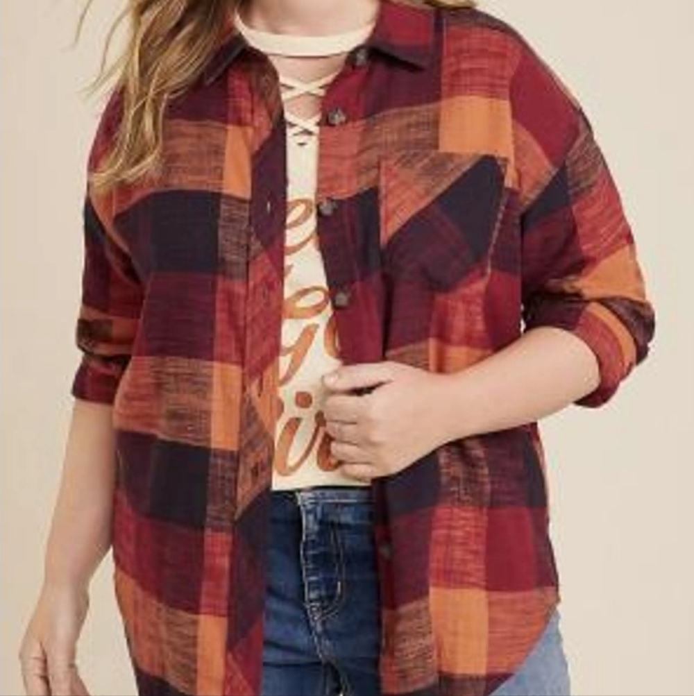 Maurices Orange and Black Plaid Shirt